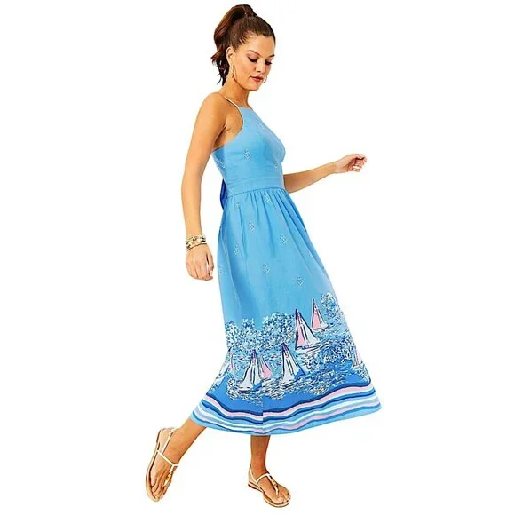 Lilly Pulitzer Charlese Cotton Halter Midi Dress in Lunar Blue NWT - Size 6 - Picture 4 of 9